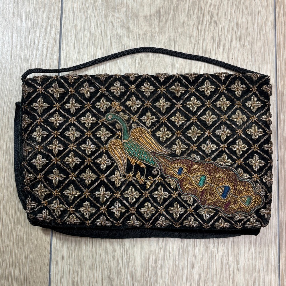 Vintage Zardozi Peacock Embroidered Black Velvet Clutch Evening Bag Shoulder Bag